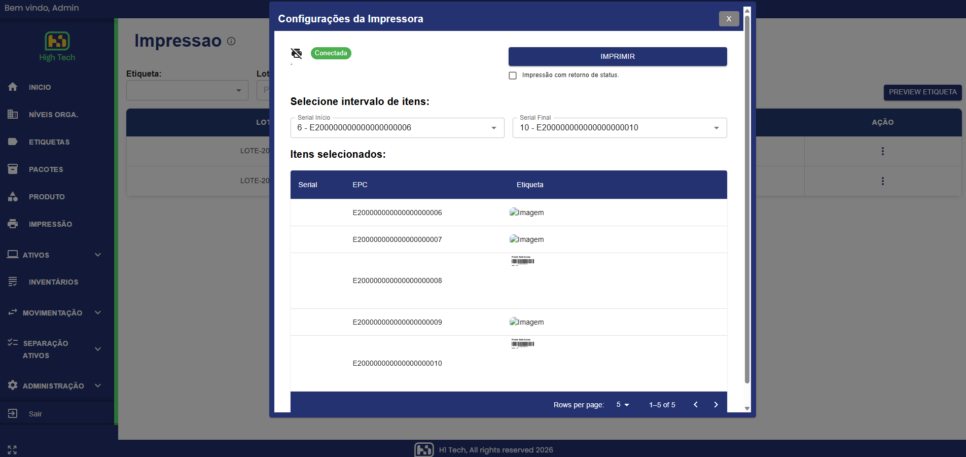 Tela de impressão do lote