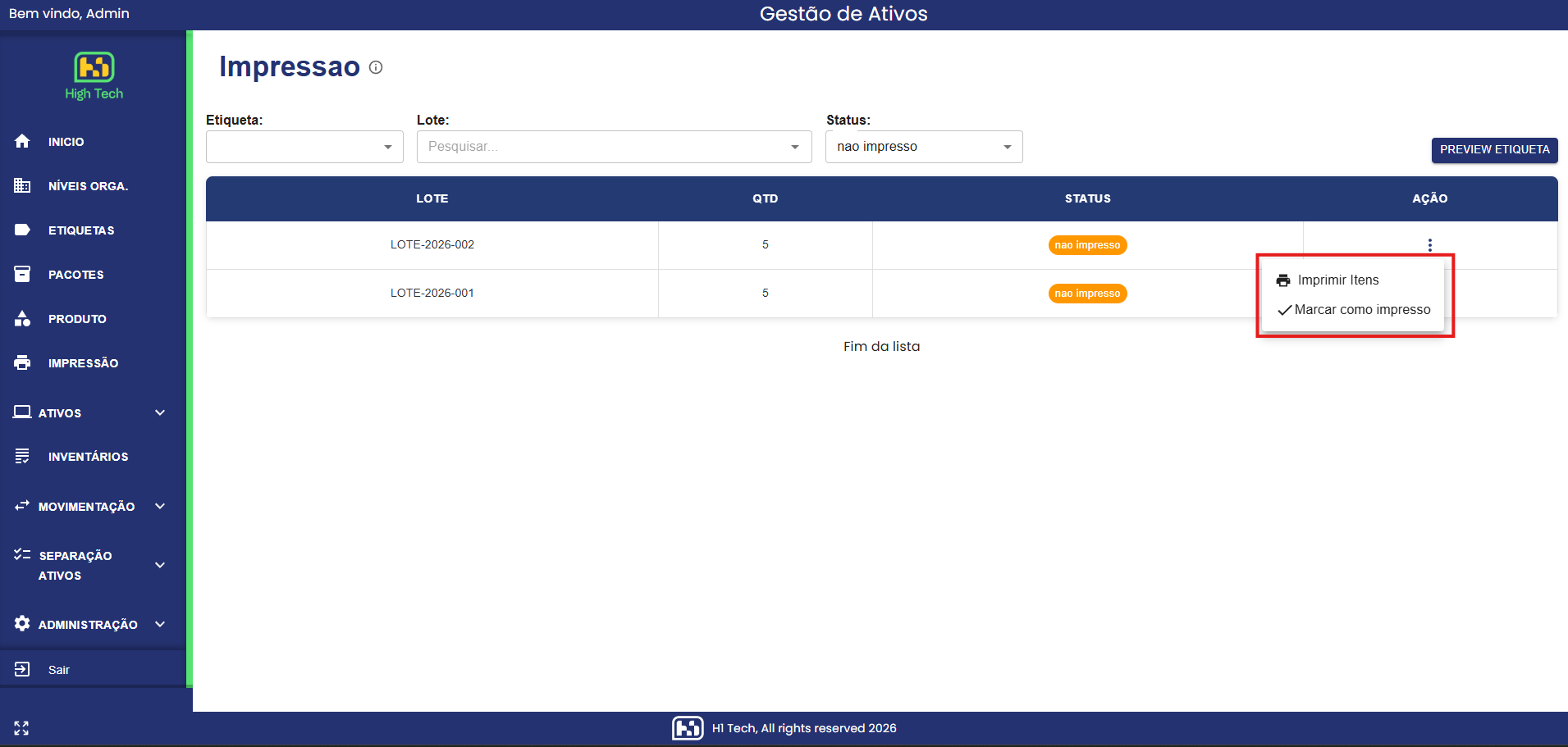 Menu de ações do lote