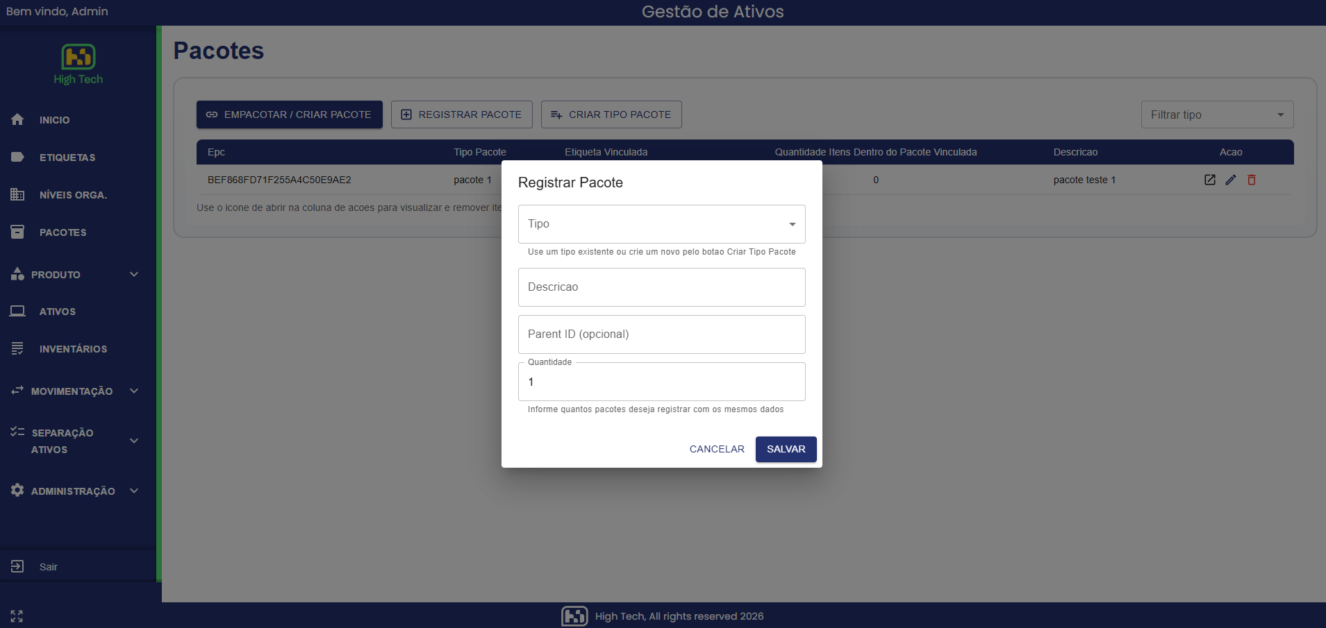 Registrar pacote