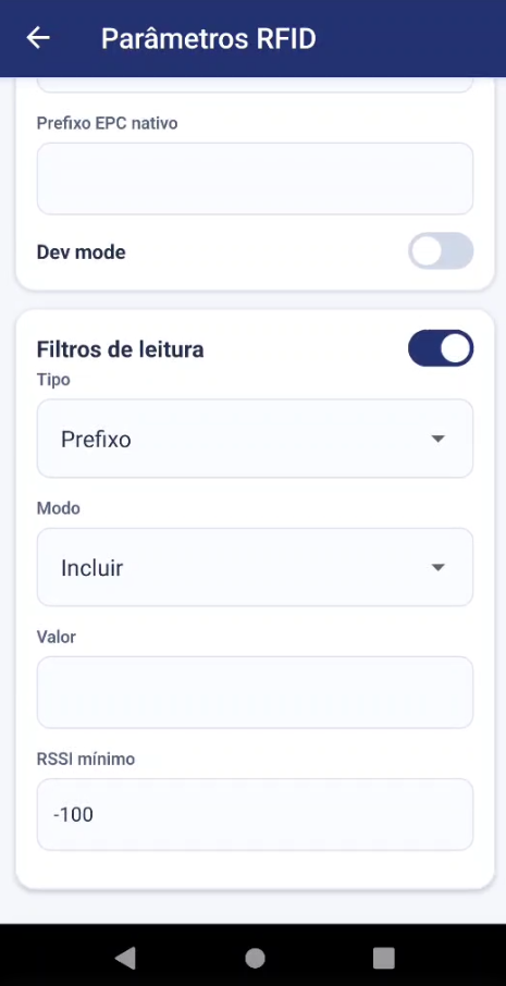 Configuração do leitor RFID - filtros e campos adicionais